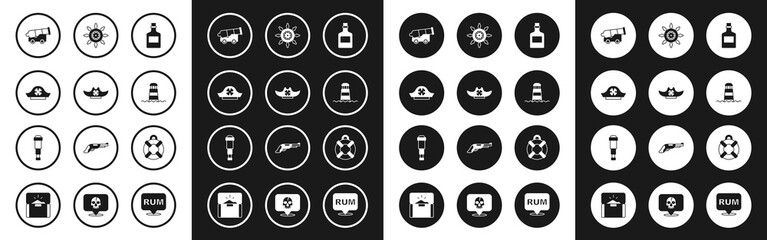 Set Alcohol drink Rum, Pirate hat, Cannon, Lighthouse, Ship steering wheel, Lifebuoy and Spyglass telescope lens icon. Vector