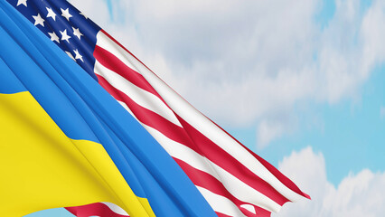 American and Ukrainian flags waving in the wind. 3D render illustration.
