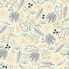 Dainty floral seamless surface pattern of tropical monstera leaves and berries. Allover foliage repeating textured background
