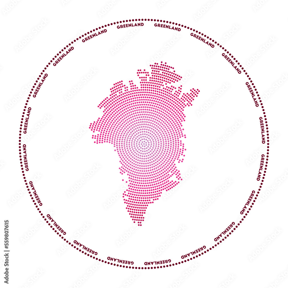 Poster Greenland round logo. Digital style shape of Greenland in a dotted circle with the country name. Tech icon of the country with gradiented dots. Artistic vector illustration.
