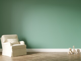 3d empty green wall nursery interior with a lounge armchair and wooden toys, copy space