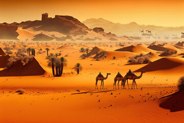 Desert with sand dunes and camels. Generative AI.