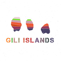 Gili Islands map design. Shape of the island with beautiful geometric waves and grunge texture. Trendy vector illustration.