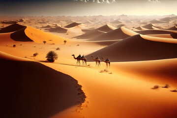 Desert with sand dunes and camels. Generative AI.