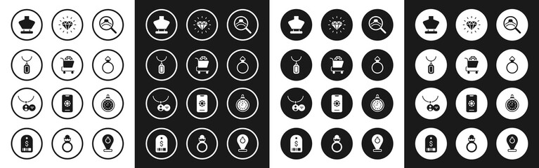 Set Diamond engagement ring, Jewelry online shopping, Pendant necklace, Necklace mannequin, Pocket watch and Locket icon. Vector