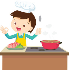 Cooking children boy Little kids making delicious food professional chef