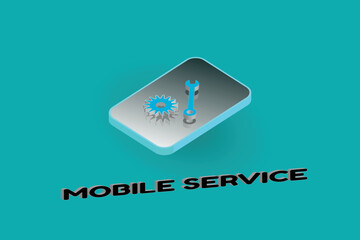 Isometric Mobile service banner in 3d style. Vector technical support design. Online business management concept.