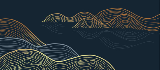 vector abstract japanese style landscapes lined waves in black and gold colours	
