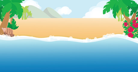 Fototapeta na wymiar Tropical desert sea shore. Horizontal banner of palm, hibiscus, sand and shell in a cartoon style.