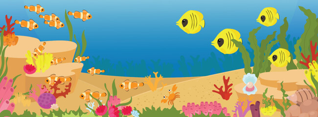 Fototapeta na wymiar Horizontal banner tropical underwater world seabed with sand and underwater world of corals and marine fish and algae cartoon style. Tourism, recreation and diving near the water.