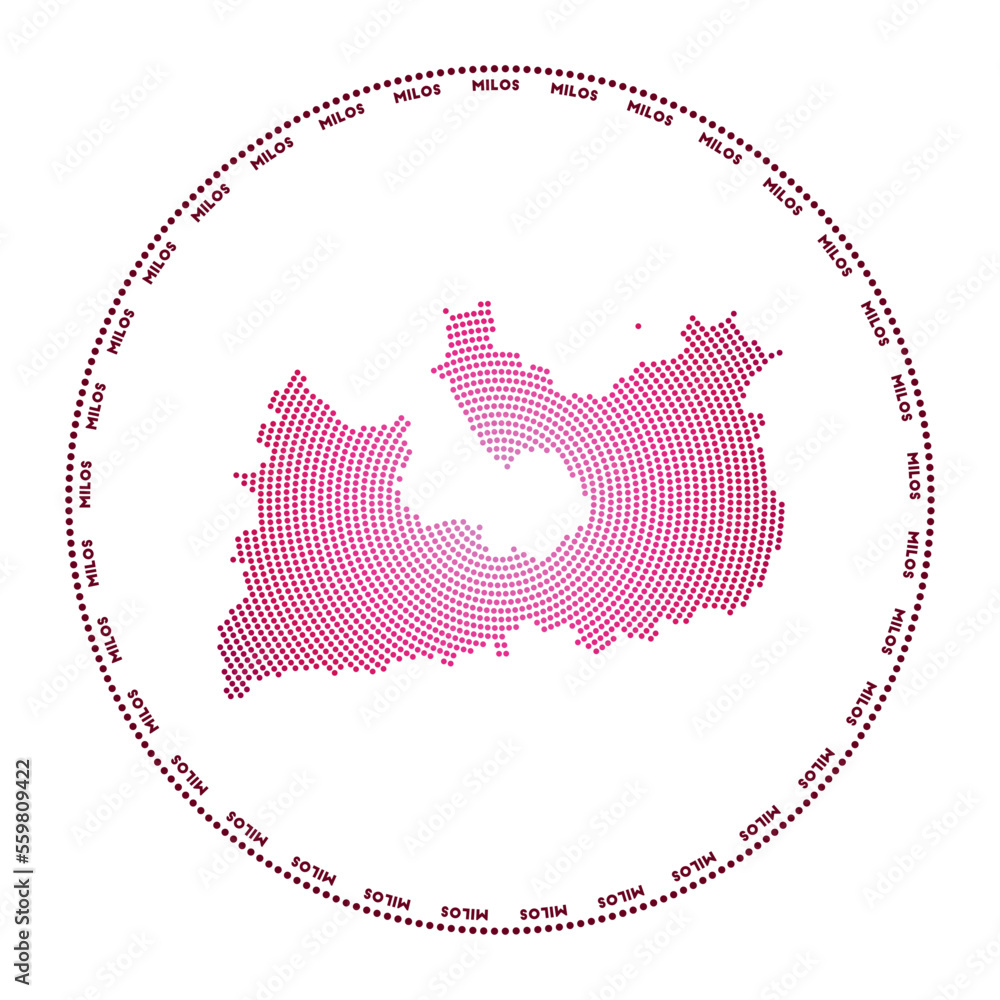 Poster milos round logo. digital style shape of milos in dotted circle with island name. tech icon of the i