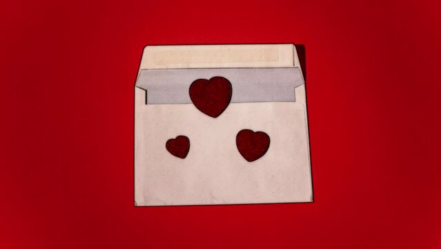 Stop motion pencil scketch Animation of a love letter with red hearts coming out of it, and divided into three parts.. 4K Romantic looped animation on red background for Valentine's day, St