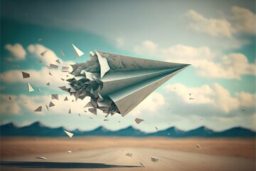 a paper airplane flying through the air with a sky background and clouds above it, with a broken wing and a trail of paper flying through the sky, with a paper plane, on.