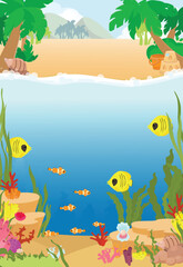 Tropical sea shore. Vertical banner of palm tree, sea castle and bucket, sand and shell in cartoon style.