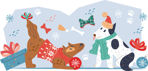 Christmas and New Year banner or greeting poster mockup with funny dogs. Christmas background with cute dogs pets