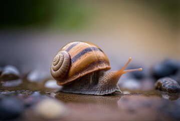 a snail scuttling down the ground over damp, tiny rocks. Generative AI - obrazy, fototapety, plakaty