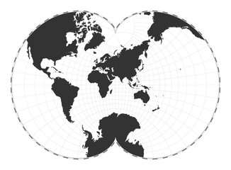 Vector world map. August's epicycloidal conformal projection. Plain world geographical map with latitude and longitude lines. Centered to 60deg W longitude. Vector illustration.