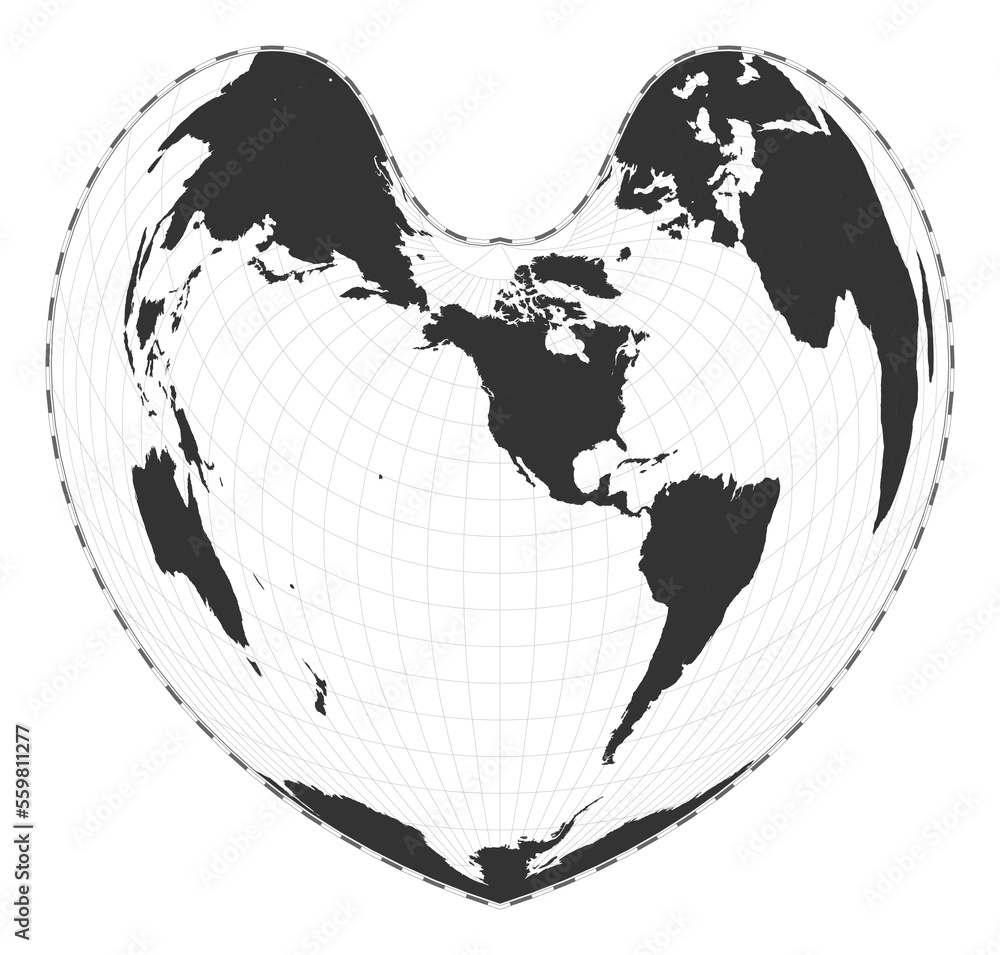 Poster vector world map in bonne pseudoconical equal-area projection. a plain geographical map with latitud