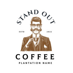 Vintage Style Coffee Logo with Hipster Character