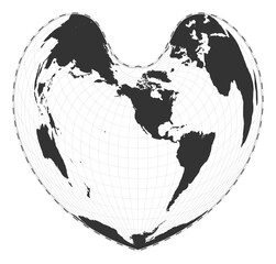 Vector world map. Bonne pseudoconical equal-area projection. Plain world geographical map with latitude and longitude lines. Centered to 120deg E longitude. Vector illustration.