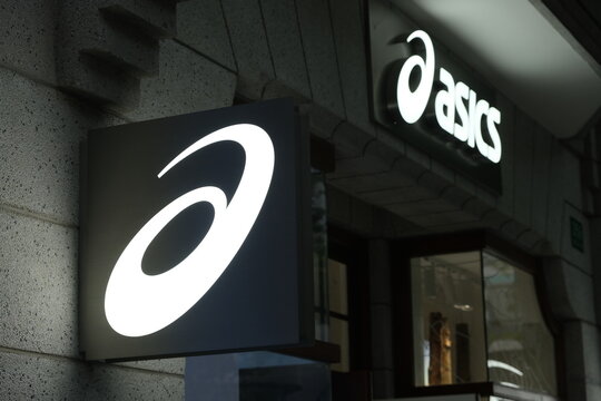 Shanghai,China-Oct.7th 2022: close up Asics store sign brand logo. A Japanese sportswear company