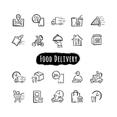 Set of Food Delivery Vector Line Icons Doodle. Hand Drawn Illustration of Courier on the bike, Food Box, Contactless Delivery.