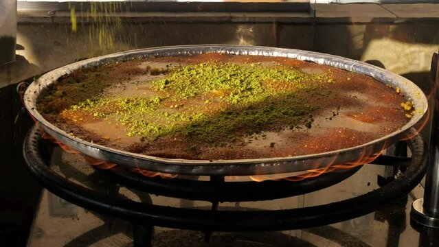 Making Knafeh (or Kunafa), a traditional Middle Eastern dessert