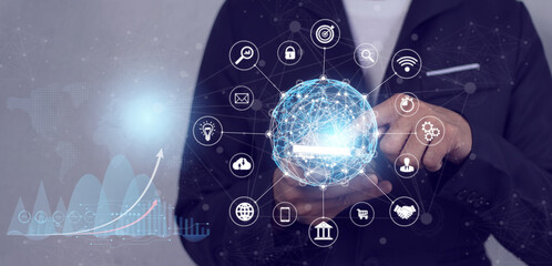 Business travelers who use smart phones Global internet connectivity technology business and digital marketing, finance and banking, digital link technology, big data.