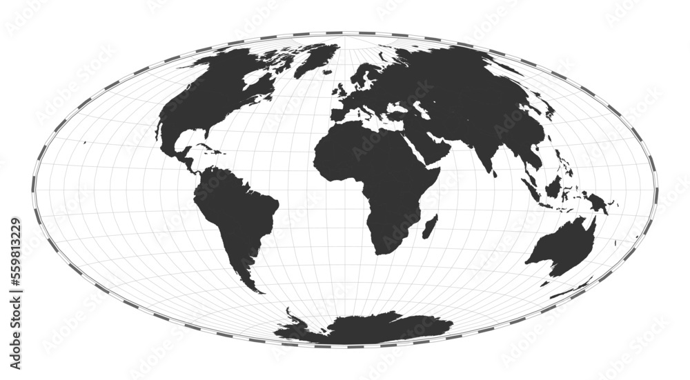 Poster Vector world map. Hammer projection. Plain world geographical map with latitude and longitude lines. Centered to 0deg longitude. Vector illustration.
