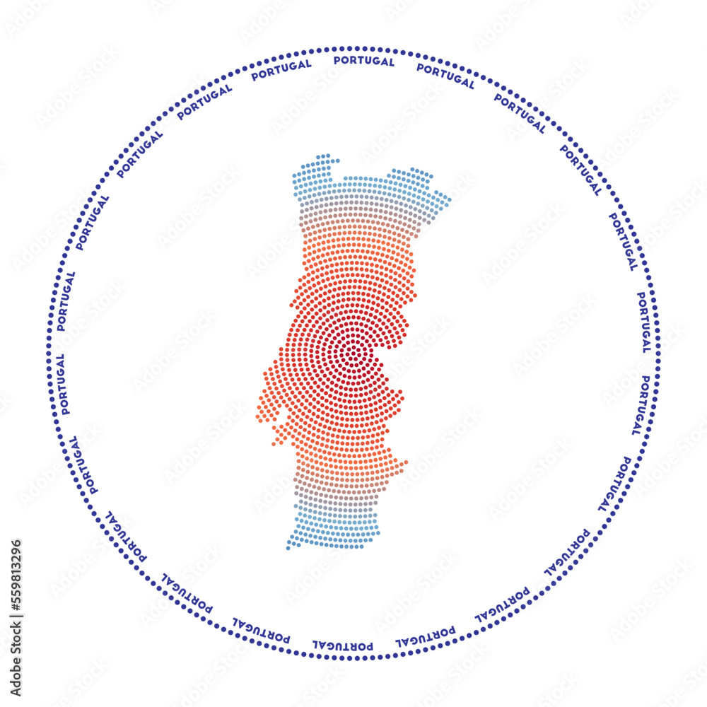 Poster portugal round logo. digital style shape of portugal in a dotted circle with the country's name. tec