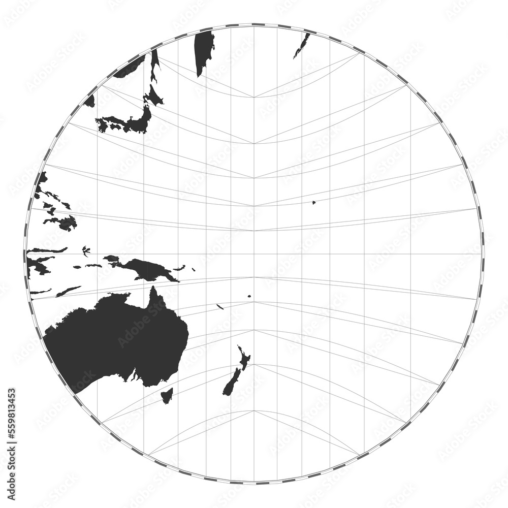 Poster Vector world map. Gnomonic projection. Plain world geographical map with latitude and longitude lines. Centered to 180deg longitude. Vector illustration.