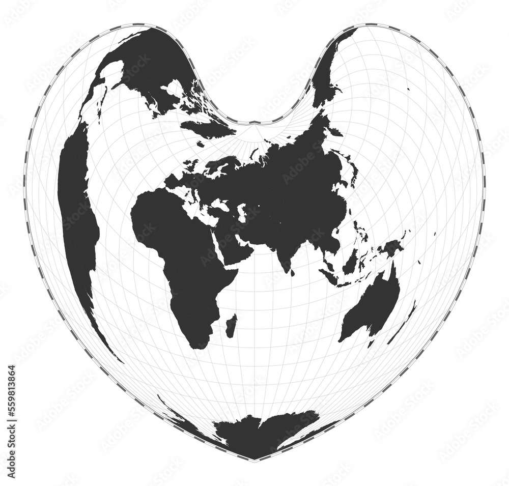 Poster vector world map in bonne pseudoconical equal-area projection. a plain geographical map with latitud
