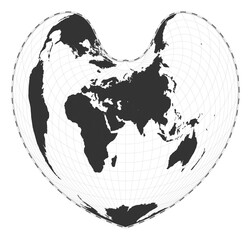 Vector world map in Bonne pseudoconical equal-area projection. A plain geographical map with latitude and longitude lines, centered at 60 degrees west longitude.