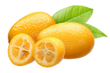 Kumquats (Citrus japonica fruits) group of three with leaves isolated png