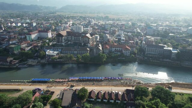 View from drone vangvieng city of laos,The city is a famous tourist destination, with many natural activities.