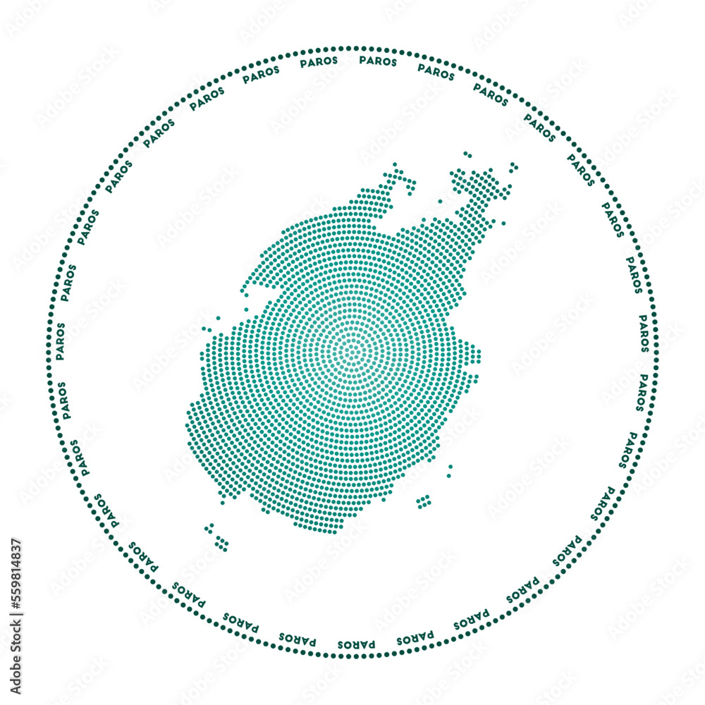 Poster paros round logo. digital style shape of paros in dotted circle with island name. tech icon of the i
