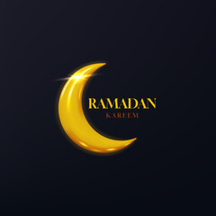 Fototapeta na wymiar Ramadan Kareem greeting card. Ramadan holiday card with golden glowing crescent on dark background. Holy month Ramadan celebration banner. Vector illustration for decoration of Islamic holiday.