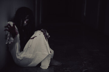 Portrait of asian woman make up ghost,Scary horror scene for background,Halloween festival...