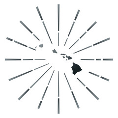 Hawaii gradiented sunburst. Map of the island with colorful star rays. Hawaii illustration in digital, technology, internet, network style. Vector illustration.