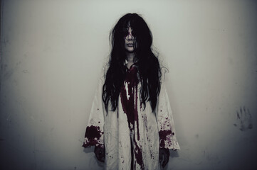 Portrait of asian woman make up ghost,Scary horror scene for background,Halloween festival...