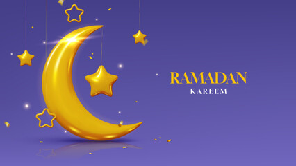Obraz na płótnie Canvas 3d holiday banner for Ramadan Kareem. Ramadan Kareem card with golden crescent and stars on purple background. Vector illustration for Islamic holiday. Holy month Ramadan.