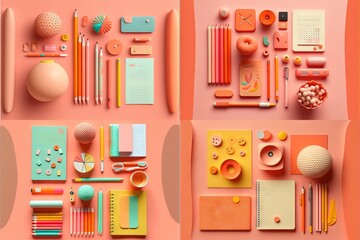 a collection of colorful objects on a pink background, including a notebook, pencils, and a ball of yarn, all arranged in a variety of different shapes and sizes and sizes,.
