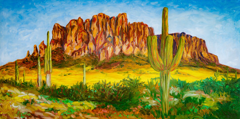 Arizona Sedona desert mountain landscape, Superstition Mountains, oil painting - obrazy, fototapety, plakaty