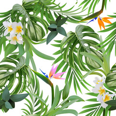 Tropical pattern floral seamless background with exotic flowers, orchid flower, hibiscus, jungle leaves, palm tree, plumeria. Summer pattern. Artistic background. Wallpaper botanical illustrations.