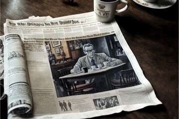 a newspaper with a picture of a man sitting at a table with a cup of coffee and a newspaper on the table with a newspaper on it and a cup of coffee on the table.