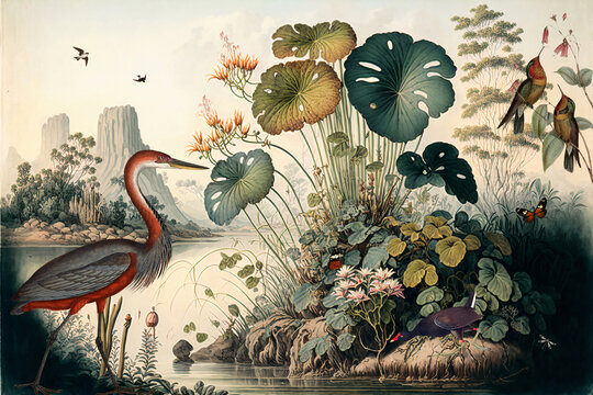 Vintage wallpaper of forest landscape with lake, plants, trees, birds, herons, butterflies and insects © haitham