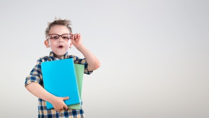 Cute small school child ready for studying at class