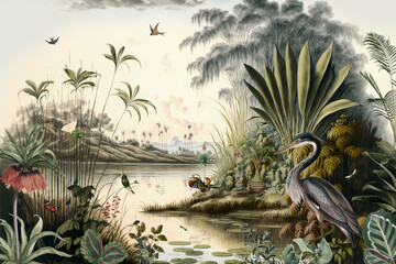 Vintage wallpaper of forest landscape with lake, plants, trees, birds, herons, butterflies and insects