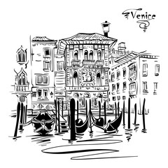 Vector black and white sketch of Palazzo in Venetian Gothic style on Grand Canal, Venice, Italy.
