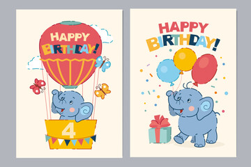 Fototapeta premium Set of happy birthday, holiday, baby shower celebration greeting and invitation card. Cute cartoon baby elephant with balloon, basket, butterfly, gift box. Vector illustration. Poster template.